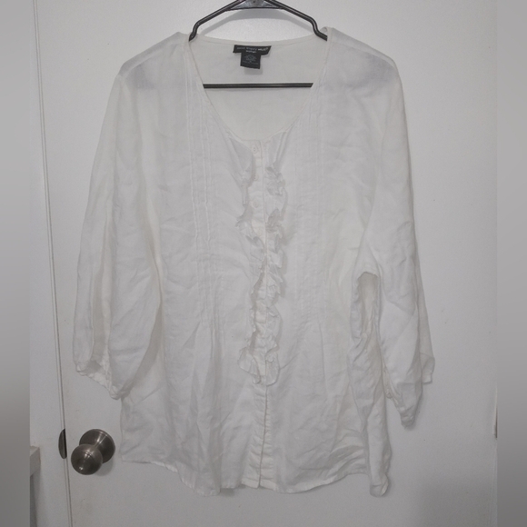 ST. TROPEZ WEST BUTTON DOWN 100% LINEN WHITE PLEATED RUFFLED FRONT BLOUSE 1X - Picture 1 of 6